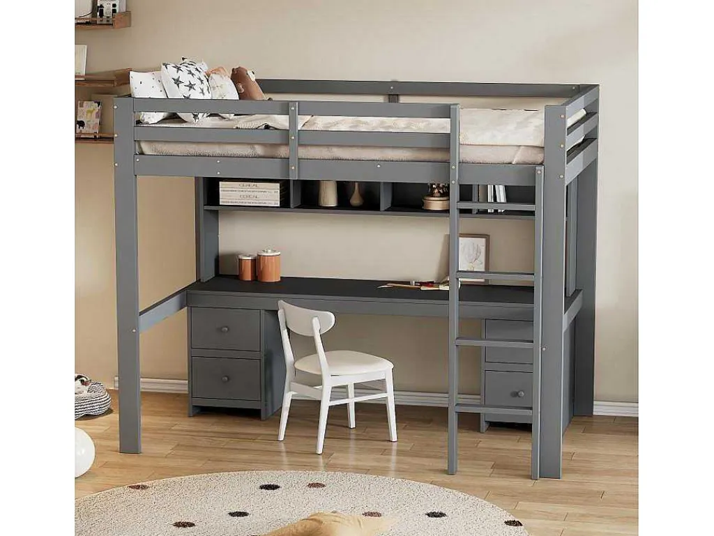 Hoogslaper 90 X 200 Cm Met Bureau, Boekenkast, Lades En Ladder, Mdf Hout, Grijs-Vente-unique Hot