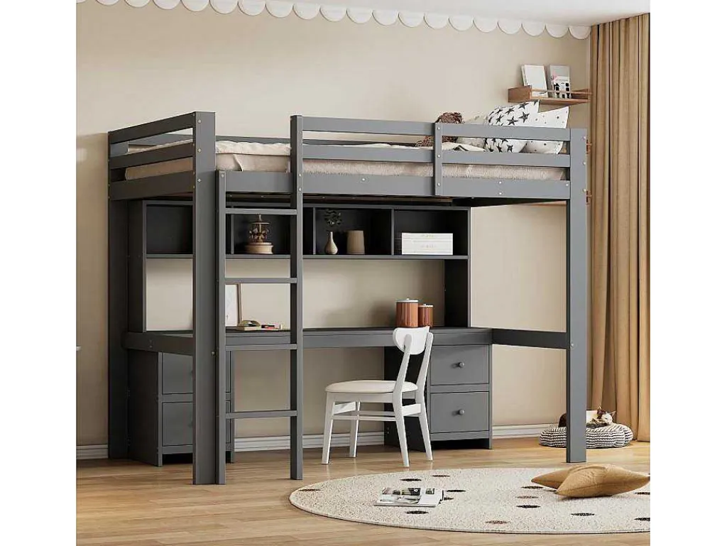 Hoogslaper 90 X 200 Cm Met Bureau, Boekenkast, Lades En Ladder, Mdf Hout, Grijs-Vente-unique Hot
