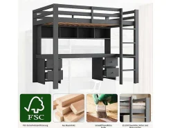 Hoogslaper 90 X 200 Cm Met Bureau, Boekenkast, Lades En Ladder, Mdf Hout, Grijs-Vente-unique Hot