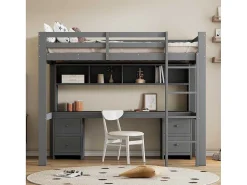Hoogslaper 90 X 200 Cm Met Bureau, Boekenkast, Lades En Ladder, Mdf Hout, Grijs-Vente-unique Hot
