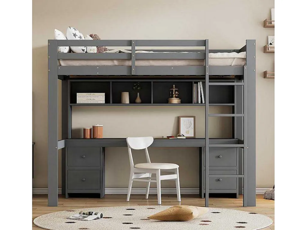 Hoogslaper 90 X 200 Cm Met Bureau, Boekenkast, Lades En Ladder, Mdf Hout, Grijs-Vente-unique Hot