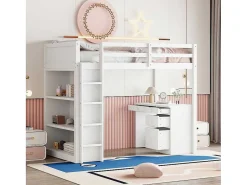 Hoogslaper 90 X 200 Cm Met Bureau, Opbergplanken, Lades En Ladder, Mdf-Hout, Wit-Vente-unique Online