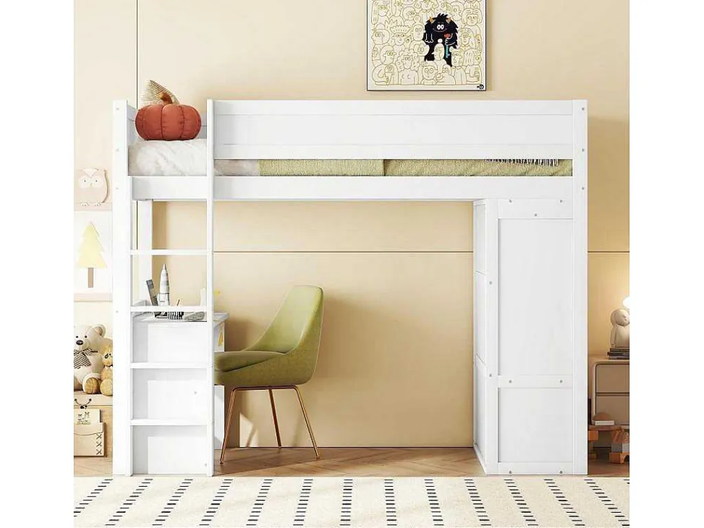Hoogslaper 90 X 200 Cm Met Bureau + 2 Laden - Kledingkast Met Schuifdeur - Mdf Hout - Wit-Vente-unique Clearance