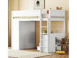 Hoogslaper 90 X 200 Cm Met Bureau + 2 Laden - Kledingkast Met Schuifdeur - Mdf Hout - Wit-Vente-unique Clearance