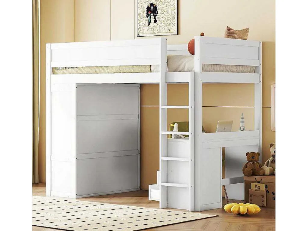 Hoogslaper 90 X 200 Cm Met Bureau + 2 Laden - Kledingkast Met Schuifdeur - Mdf Hout - Wit-Vente-unique Clearance