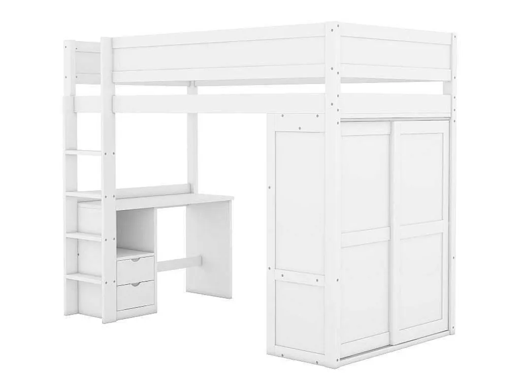 Hoogslaper 90 X 200 Cm Met Bureau + 2 Laden - Kledingkast Met Schuifdeur - Mdf Hout - Wit-Vente-unique Clearance