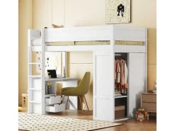 Hoogslaper 90 X 200 Cm Met Bureau + 2 Laden - Kledingkast Met Schuifdeur - Mdf Hout - Wit-Vente-unique Clearance