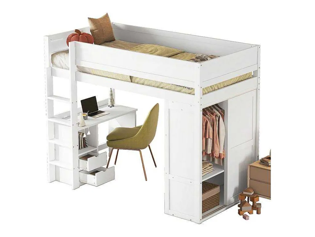 Hoogslaper 90 X 200 Cm Met Bureau + 2 Laden - Kledingkast Met Schuifdeur - Mdf Hout - Wit-Vente-unique Clearance