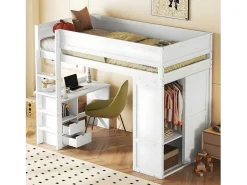 Hoogslaper 90 X 200 Cm Met Bureau + 2 Laden - Kledingkast Met Schuifdeur - Mdf Hout - Wit-Vente-unique Clearance