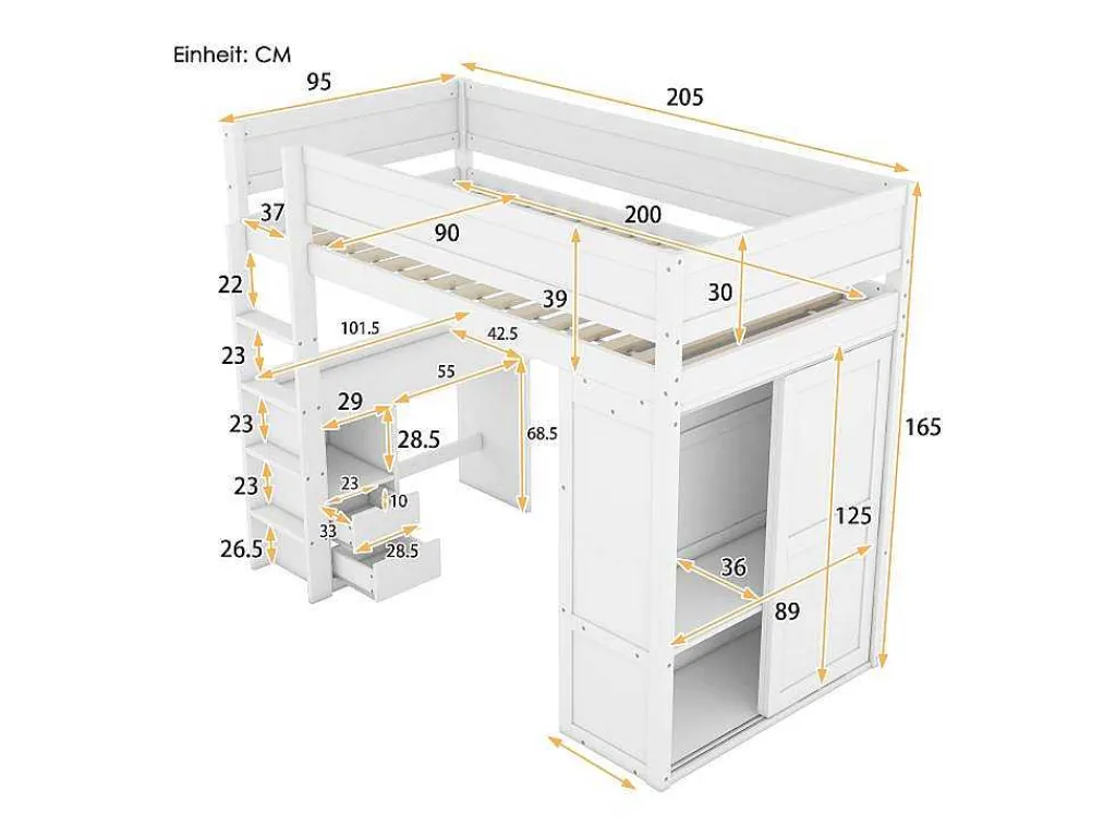 Hoogslaper 90 X 200 Cm Met Bureau + 2 Laden - Kledingkast Met Schuifdeur - Mdf Hout - Wit-Vente-unique Clearance