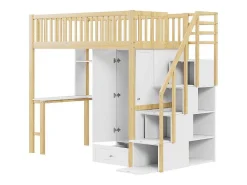Hoogslaper 90 X 200 Cm Met Grote Kledingkast, Bureau, Boekenkast, Trap En Lades, Alles-In-Een, Mdf Hout, Wit + Eiken-Vente-unique Best