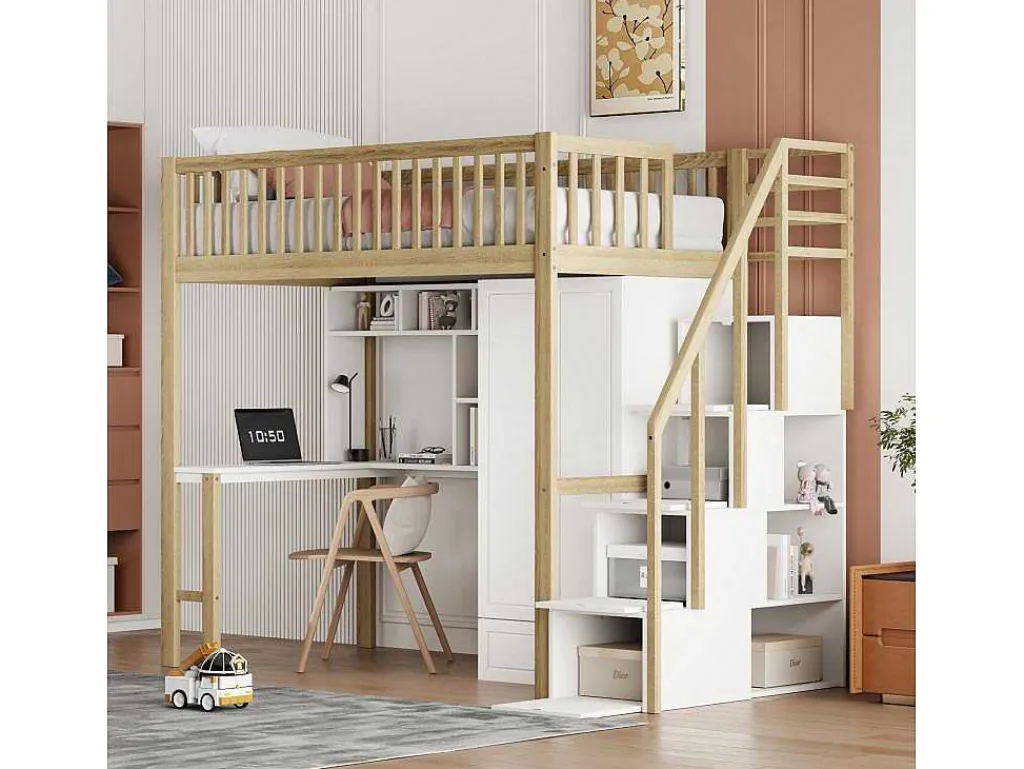 Hoogslaper 90 X 200 Cm Met Grote Kledingkast, Bureau, Boekenkast, Trap En Lades, Alles-In-Een, Mdf Hout, Wit + Eiken-Vente-unique Best