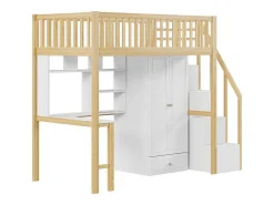 Hoogslaper 90 X 200 Cm Met Grote Kledingkast, Bureau, Boekenkast, Trap En Lades, Alles-In-Een, Mdf Hout, Wit + Eiken-Vente-unique Best