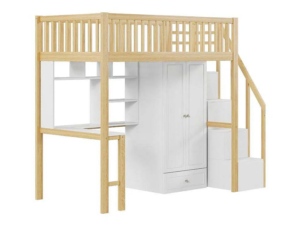Hoogslaper 90 X 200 Cm Met Grote Kledingkast, Bureau, Boekenkast, Trap En Lades, Alles-In-Een, Mdf Hout, Wit + Eiken-Vente-unique Best
