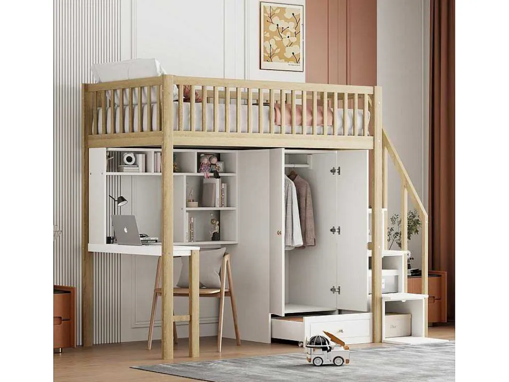 Hoogslaper 90 X 200 Cm Met Grote Kledingkast, Bureau, Boekenkast, Trap En Lades, Alles-In-Een, Mdf Hout, Wit + Eiken-Vente-unique Best