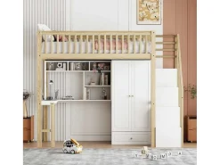 Hoogslaper 90 X 200 Cm Met Grote Kledingkast, Bureau, Boekenkast, Trap En Lades, Alles-In-Een, Mdf Hout, Wit + Eiken-Vente-unique Best