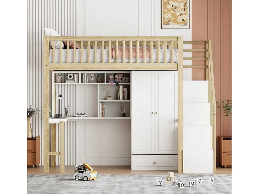 Hoogslaper 90 X 200 Cm Met Grote Kledingkast, Bureau, Boekenkast, Trap En Lades, Alles-In-Een, Mdf Hout, Wit + Eiken-Vente-unique Best