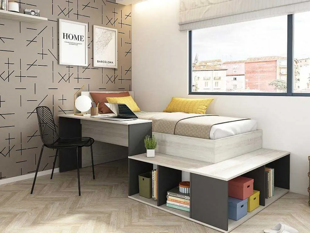Hoogslaper 90 X 200 Cm Met Opbergruimte En Bureau - Kleur: Naturel En Antraciet - Rigali-Vente-unique Hot