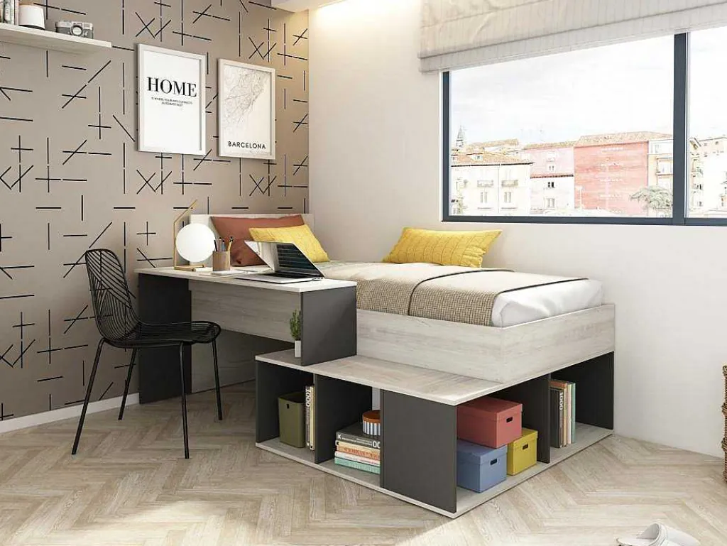 Hoogslaper 90 X 200 Cm Met Opbergruimte En Bureau - Kleur: Naturel En Antraciet - Rigali-Vente-unique Hot