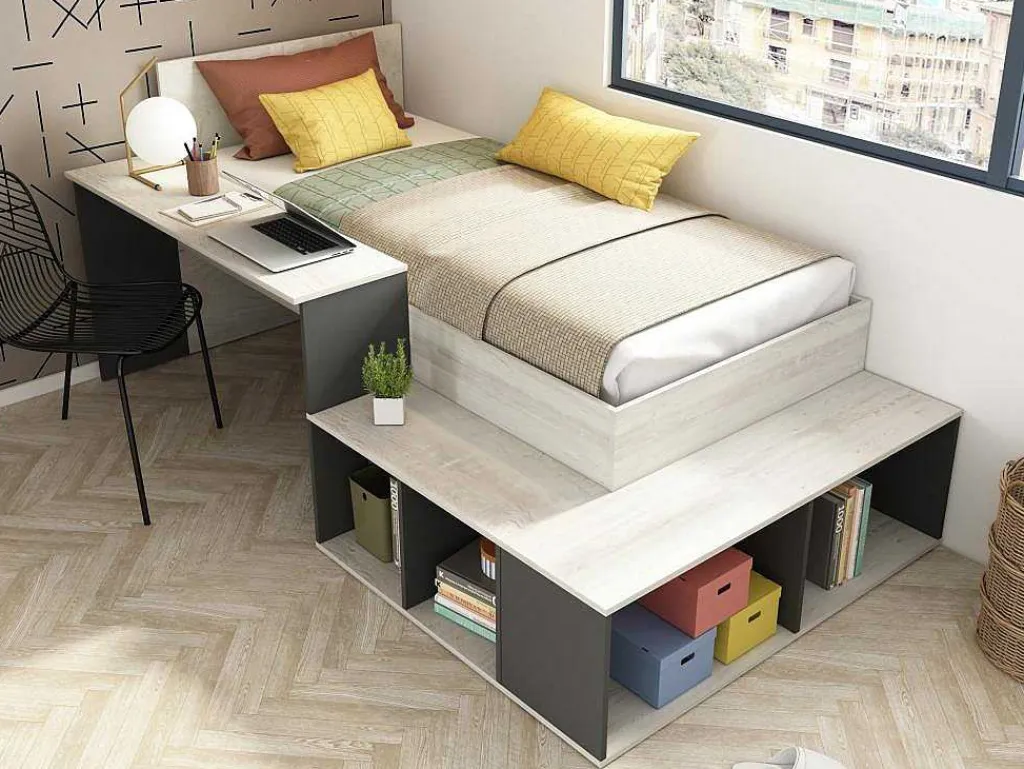Hoogslaper 90 X 200 Cm Met Opbergruimte En Bureau - Kleur: Naturel En Antraciet - Rigali-Vente-unique Hot