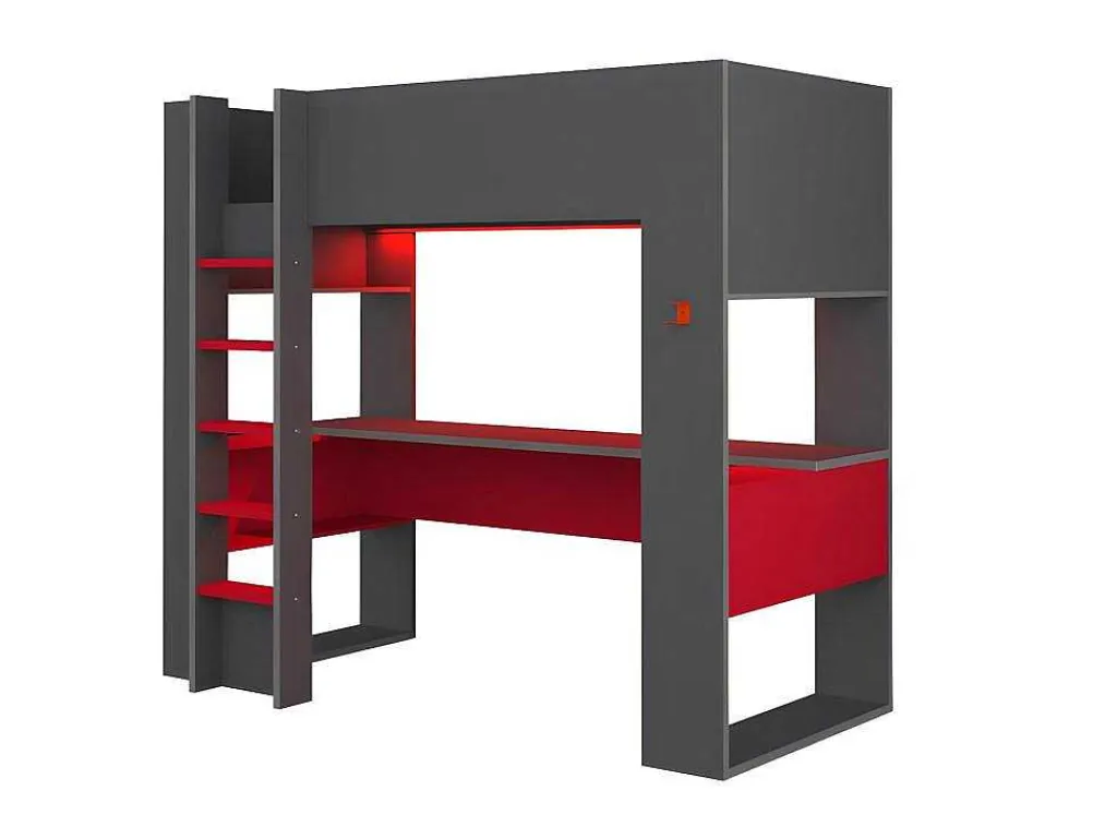 Hoogslaper Gamer Noah Met Bureau En Opbergruimtes - 90 X 200 Cm - Met Led'S - Antraciet En Rood-Vente-unique Hot