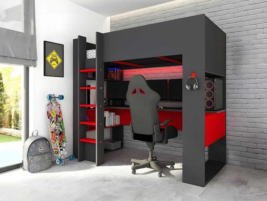 Hoogslaper Gamer Noah Met Bureau En Opbergruimtes - 90 X 200 Cm - Met Led'S - Antraciet En Rood-Vente-unique Hot
