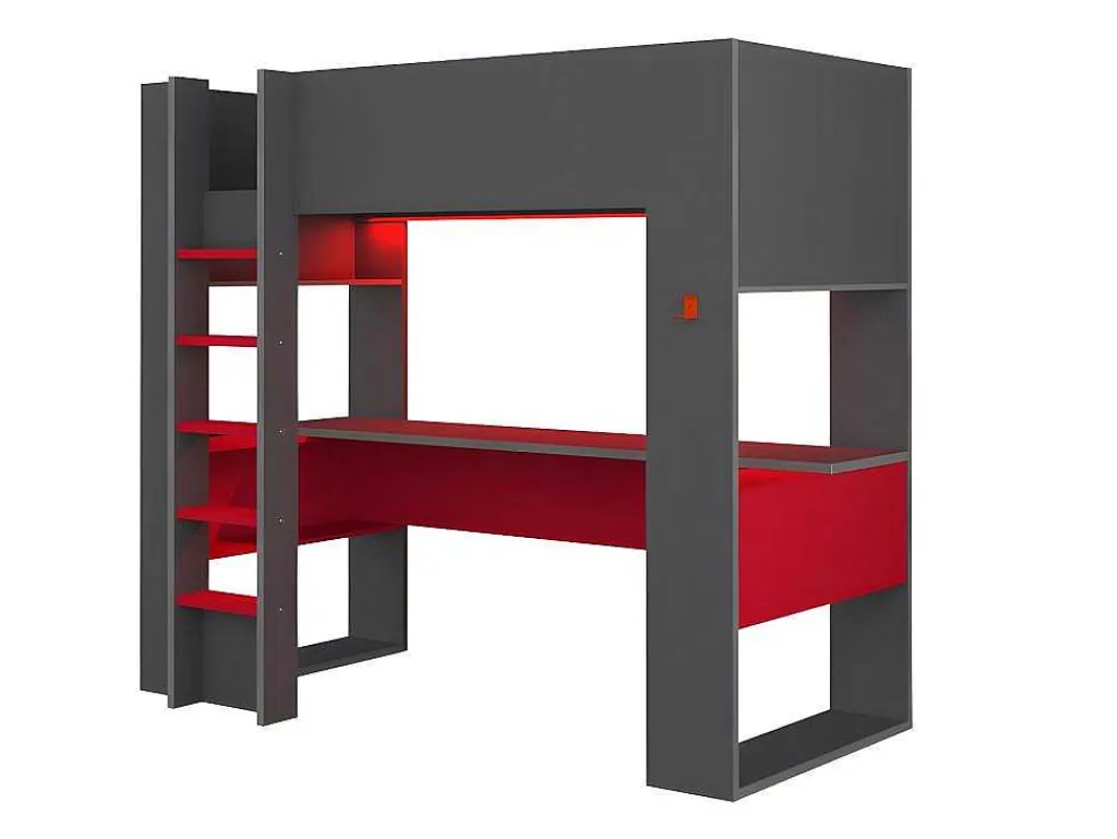 Hoogslaper Gamer Noah Met Bureau En Opbergruimtes - 90 X 200 Cm - Met Led'S - Antraciet En Rood + Matras-Vente-unique Best