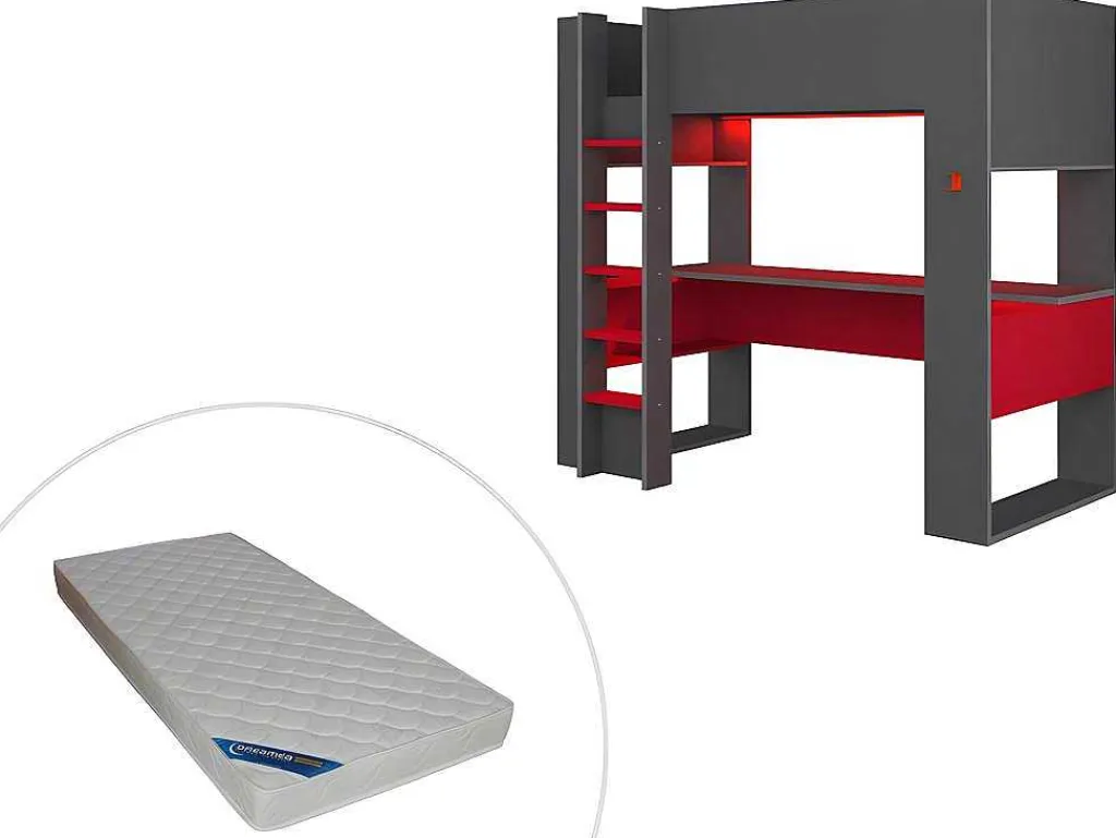 Hoogslaper Gamer Noah Met Bureau En Opbergruimtes - 90 X 200 Cm - Met Led'S - Antraciet En Rood + Matras-Vente-unique Best