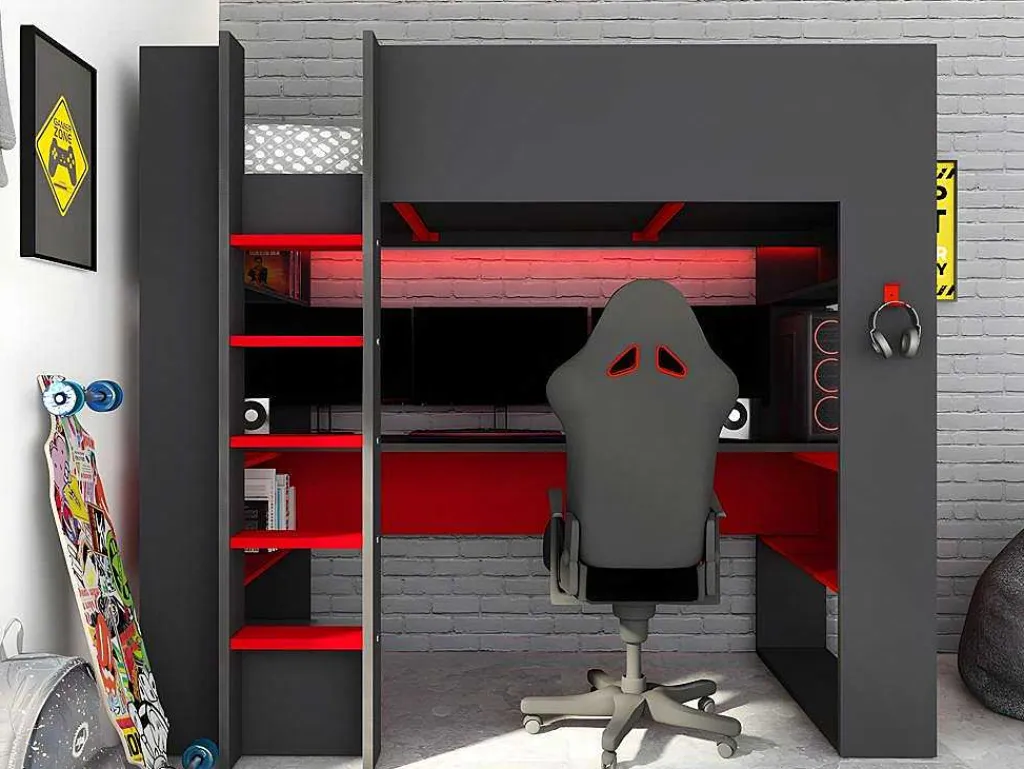 Hoogslaper Gamer Noah Met Bureau En Opbergruimtes - 90 X 200 Cm - Met Led'S - Antraciet En Rood + Matras-Vente-unique Best