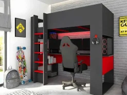 Hoogslaper Gamer Noah Met Bureau En Opbergruimtes - 90 X 200 Cm - Met Led'S - Antraciet En Rood + Matras-Vente-unique Best