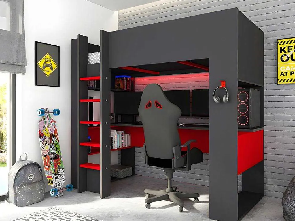 Hoogslaper Gamer Noah Met Bureau En Opbergruimtes - 90 X 200 Cm - Met Led'S - Antraciet En Rood + Matras-Vente-unique Best
