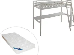 Hoogslaper Gedeon Ii - 90 X 190 Cm - Met Bureau - Massief Grenen - Gebleekt + Matras-Vente-unique New