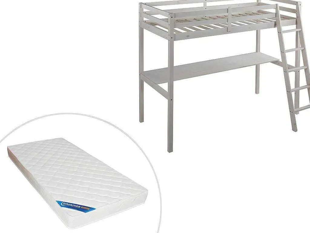 Hoogslaper Gedeon Ii - 90 X 190 Cm - Met Bureau - Massief Grenen - Gebleekt + Matras-Vente-unique New