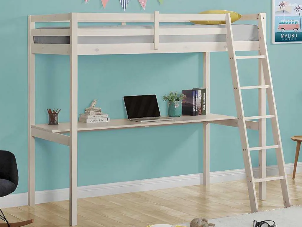 Hoogslaper Gedeon Ii - 90 X 190 Cm - Met Bureau - Massief Grenen - Gebleekt + Matras-Vente-unique New