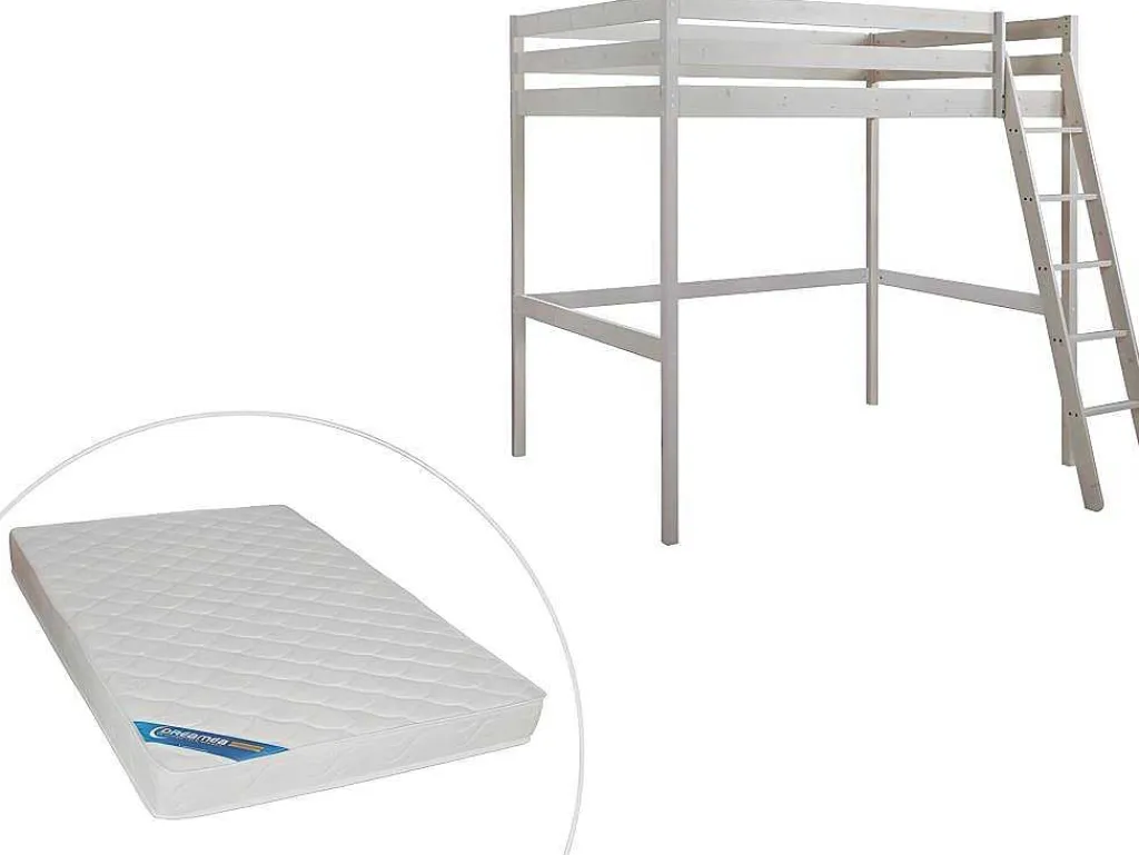 Hoogslaper Gedeon Ii - 140 X 190 Cm - Massief Grenen - Gebleekt + Matras-Vente-unique Discount