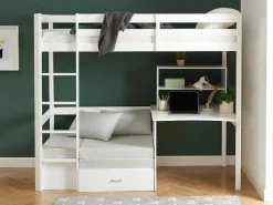 Hoogslaper Goliath Ii Met Bureau, Bedbank En Opbergruimte - 90 X 200 Cm - Massief Grenen - Gebleekt-Vente-unique Best