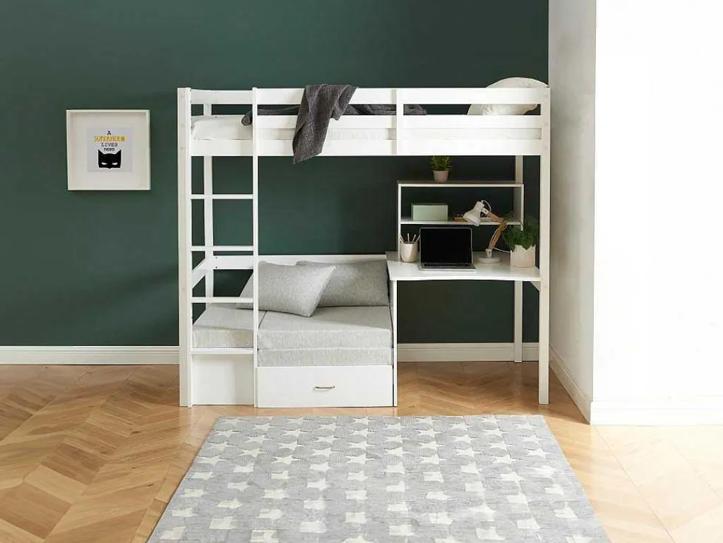 Hoogslaper Goliath Ii Met Bureau, Bedbank En Opbergruimte - 90 X 200 Cm - Massief Grenen - Gebleekt-Vente-unique Best