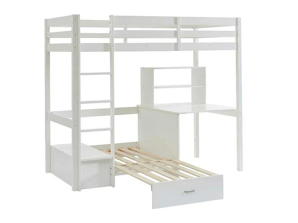 Hoogslaper Goliath Ii Met Bureau, Bedbank En Opbergruimte - 90 X 200 Cm - Massief Grenen - Gebleekt-Vente-unique Best