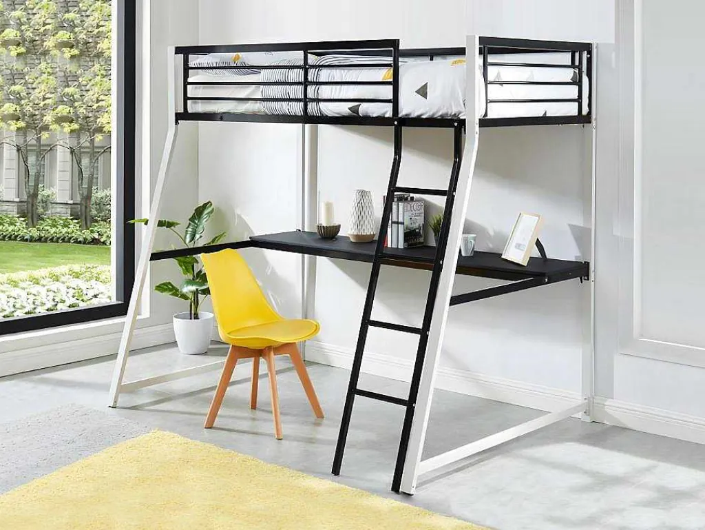 Hoogslaper Malicia - Bed 90 X 190 Cm - Ingebouwd Bureau - Zwart En Wit-Vente-unique