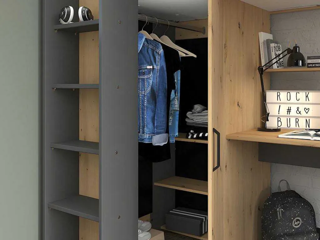 Hoogslaper Met Bureau En Kast - 90X200Cm - Naturel En Antraciet + Matras - Auckland-Vente-unique Online