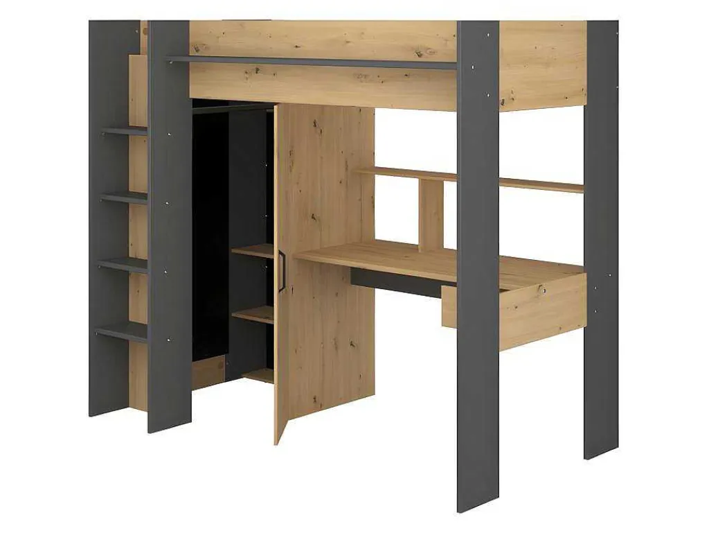 Hoogslaper Met Bureau En Kast - 90X200Cm - Naturel En Antraciet + Matras - Auckland-Vente-unique Online