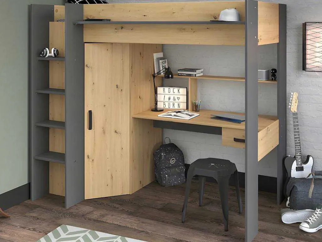 Hoogslaper Met Bureau En Kast - 90X200Cm - Naturel En Antraciet + Matras - Auckland-Vente-unique Online