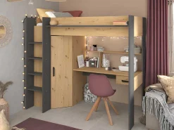 Hoogslaper Met Bureau En Kast - 90X200Cm - Naturel En Antraciet + Matras - Auckland-Vente-unique Online