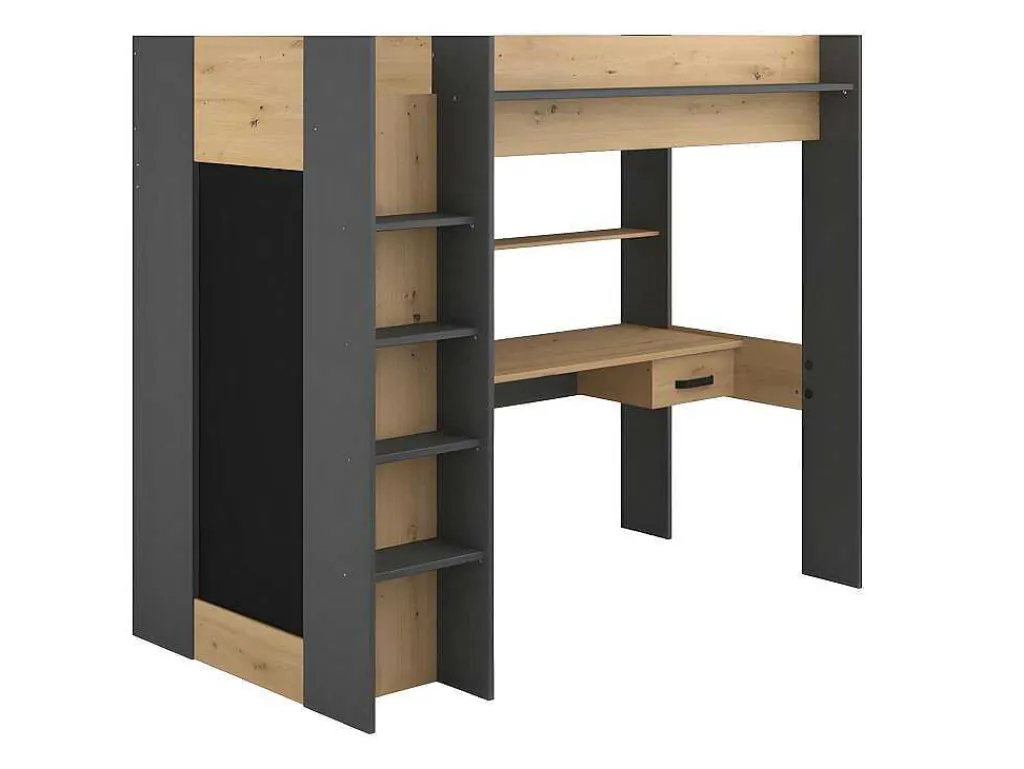 Hoogslaper Met Bureau En Kast - 90X200Cm - Naturel En Antraciet + Matras - Auckland-Vente-unique Online