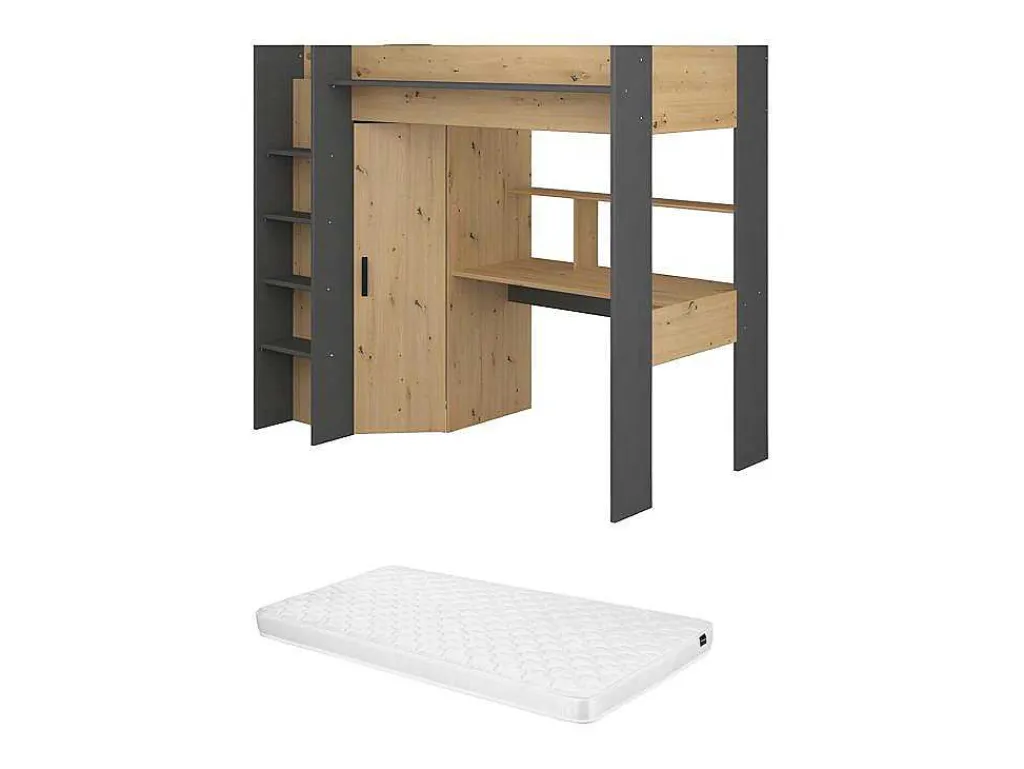 Hoogslaper Met Bureau En Kast - 90X200Cm - Naturel En Antraciet + Matras - Auckland-Vente-unique Online