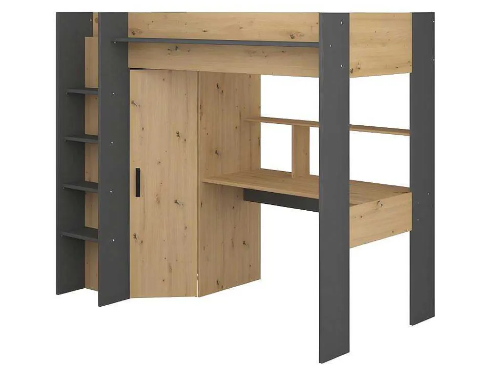 Hoogslaper Met Bureau En Kast - 90X200Cm - Naturel En Antraciet + Matras - Auckland-Vente-unique Online