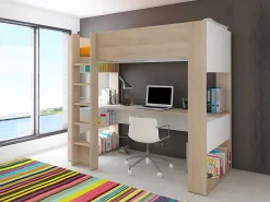 Hoogslaper Met Bureau En Opbergruimte - 90 X 200 Cm - Eik En Wit + Matras - Noah Ii-Vente-unique Hot