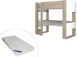 Hoogslaper Met Bureau En Opbergruimte - 90 X 200 Cm - Eik En Wit + Matras - Noah Ii-Vente-unique Hot