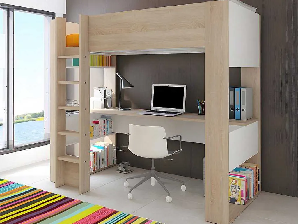 Hoogslaper Met Bureau En Opbergruimte - 90 X 200 Cm - Eik En Wit + Matras - Noah Ii-Vente-unique Hot