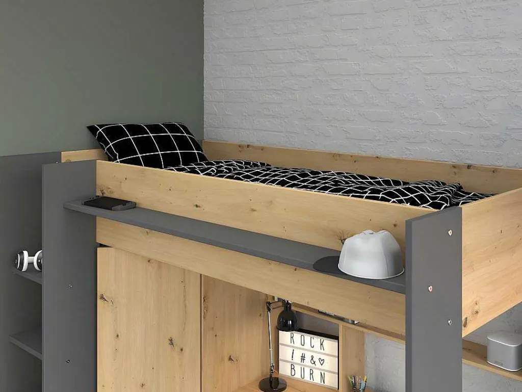 Hoogslaper Met Bureau En Kast - 90X200Cm - Naturel En Antraciet - Auckland-Vente-unique Online